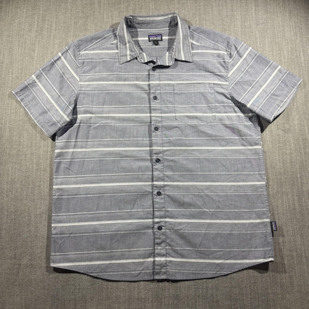 Patagonia Shirt Mens Large Gray Stripe Short Sleeve Button Front Organic Cotton